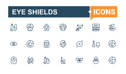Eye Shields minimal icon set. Contain linear outline icons supplies, sachet, package, care, eye patches, seaweed, patch and more. Set of line pictogram. Solid line editable vector illustration.