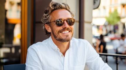 Obraz premium A middle-aged man with glasses, sitting outdoors, smiling broadly, and donning sunglasses while wearing a white shirt.