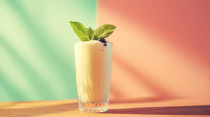 Creamy blueberry smoothie in frosted glass topped with mint leaves, showcasing vibrant colors and refreshing look. Perfect for summer enjoyment