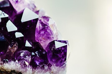 Violet Crystal Stone is a macro mineral, exemplified by the purple rough Amethyst quartz crystals found in a geode on a white background from Uruguay