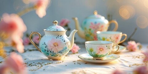 Fototapeta premium Elegant tea set with floral designs surrounded by blossoms in soft afternoon light