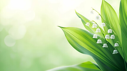 Closeup of Delicate White Lily of the Valley Blossoms and Vibrant Green Leaves Against a Soft Green Background