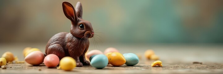 Whiskers chocolate bunny sitting on wooden Easter eggs scattered around it, decoration, basket