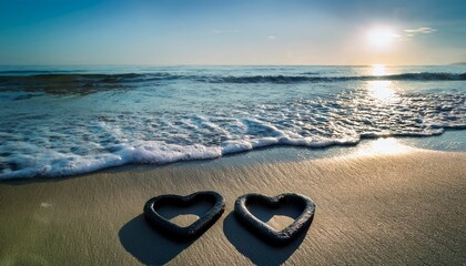 Naklejka premium A peaceful scene showcasing a minimalist arrangement of two heart-shaped stones on a serene beach, with gentle waves and a soothing ocean backdrop. This image conveys a sense of harmony and romance.