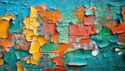 Aged weathered wall with peeling paint in vibrant colors