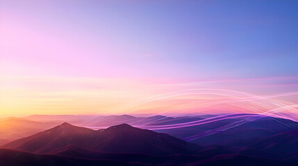 Obraz premium Pink and Purple Sunset Over Mountains with Digital Network Overlay