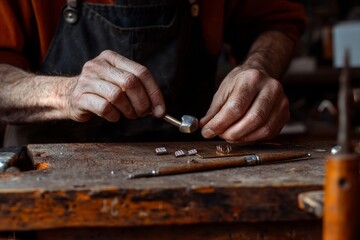 A jeweler is sawing at a gold ring in an authentic jewelry workshop