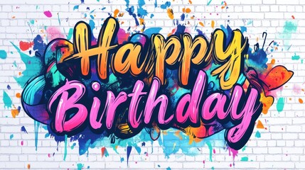 The lettering Happy Birthday in a colorful graffiti style with a white background, vector illustration in the colorful cartoon style