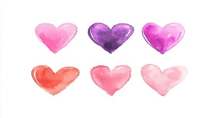 Fototapeta premium Valentine's day is represented through an aquarelle illustration, featuring a set of hand-painted watercolor hearts that are isolated and ideal for use on Valentine's day cards or romantic postcards