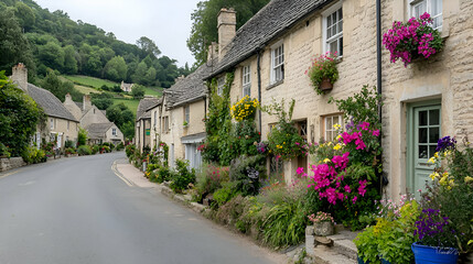 Fototapeta premium Charming Stone Cottages and Lush Flower Gardens on a Village Road