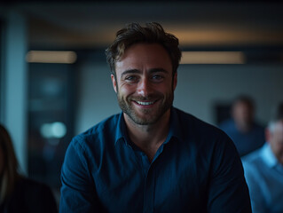 Obraz premium Confident man smiling in professional setting, engaging with audience members