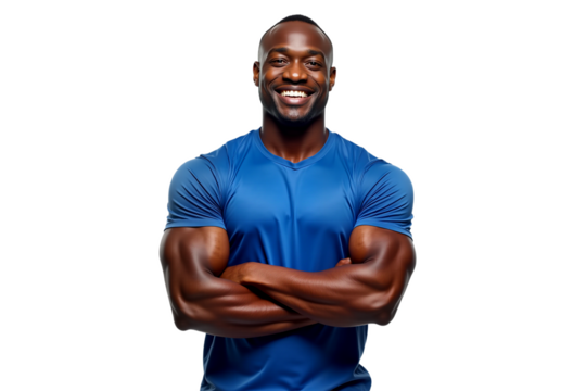 Smiling muscular African American man portrait with crossed arms, wearing blue t-shirt. Confident athlete isolated on transparent background for fitness, lifestyle, or advertising visuals.