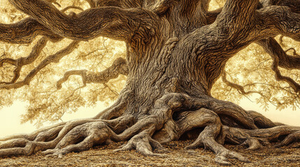 A close-up of an ancient oak tree, its gnarled bark and sprawling roots dominating the composition