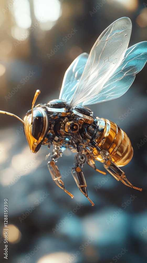 Poster mechanical bee with metallic body and translucent wings in soft light, close-up view. futuristic tec