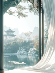 serene landscape featuring tranquil lake with lotus flowers, surrounded by mountains and traditional pavilion. scene is framed by flowing curtains, creating peaceful atmosphere