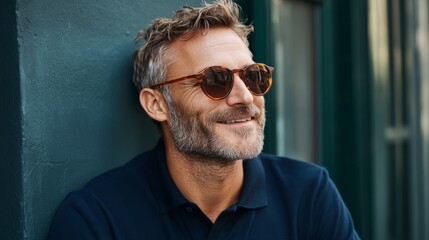 Obraz premium Man in sunglasses leaning against building.