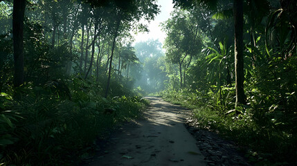 Fototapeta premium Sunlit Path Through Lush Green Forest