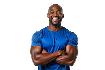Smiling muscular African American man with short hair, arms crossed, blue t-shirt, isolated on transparent background. Photorealistic studio portrait for fitness, health, and advertising.