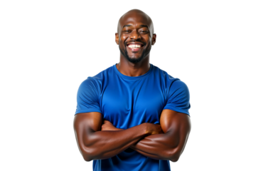 Smiling muscular African American man with short hair, arms crossed, blue t-shirt, isolated on transparent background. Photorealistic studio portrait for fitness, health, and advertising.