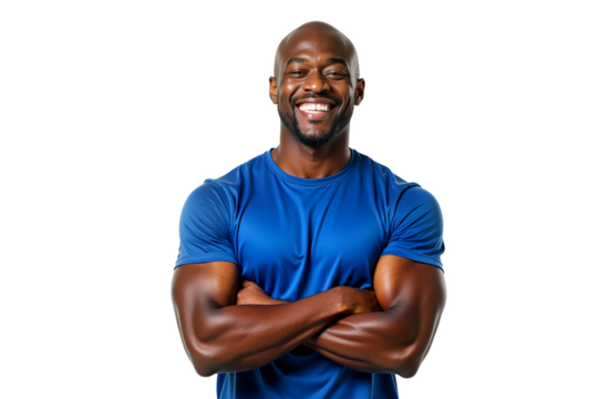 Smiling muscular African American man with short hair, arms crossed, blue t-shirt, isolated on transparent background. Photorealistic studio portrait for fitness, health, and advertising.