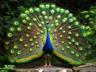 Obraz premium Majestic peacock displaying vibrant plumage in nature