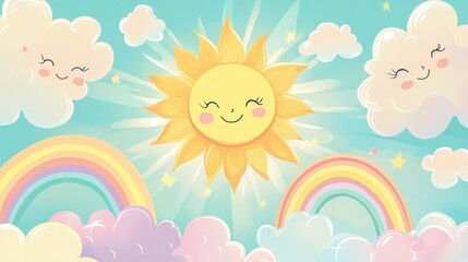 Naklejka premium Cheerful Sunny Day: Rainbow, Clouds, and a Smiling Sun