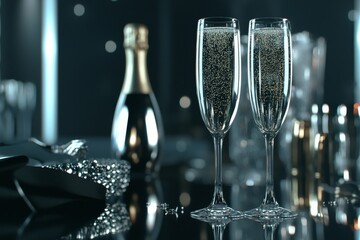 A table holds glasses of champagne, positioned in front of a blurred background, leaving space for text