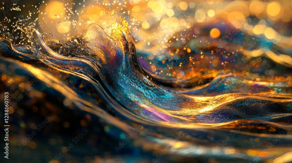 Poster vibrant colorful abstract liquid waves with golden highlights and dynamic motion. creative art and e