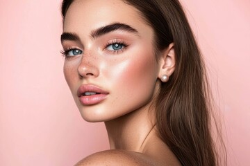 Fototapeta premium Stunning young lady with dark locks and subtle makeup adorned with pearl accessories