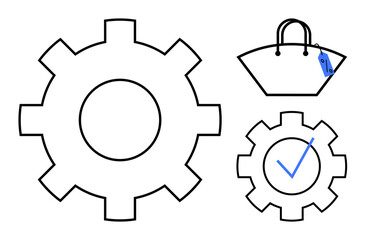 Large and small gears, shopping bag with price tag, and checkmark. Ideal for retail, mechanics, evaluations, functionality, quality assurance engineering consumer studies. Simple abstract line flat