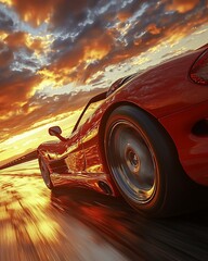 Red sports car speeding sunset highway