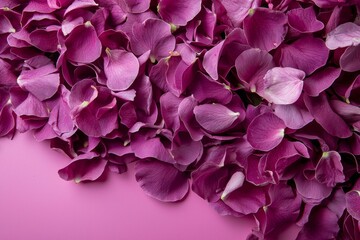 Fototapeta premium A pastel pink background serves as the base for a composition of hydrangea flowers, presented in a flat lay and shot from directly above, leaving space for additional text or graphics