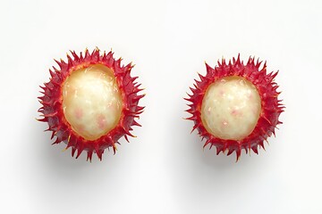 Close-up of two prickly fruit halves displaying vibrant red skin and creamy interior
