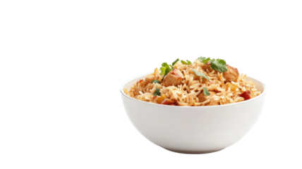 Delicious chicken biryani served in a white bowl with garnished herbs and rice