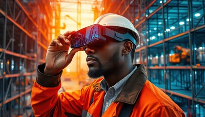 Construction worker using virtual reality headset for project planning