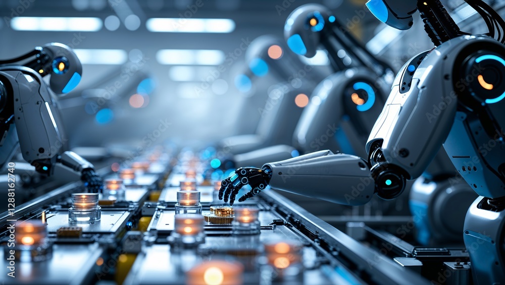 Poster robotic arms working on an automated assembly line in a futuristic factory