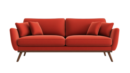 Cozy modern red sofa with soft cushions positioned against a white backdrop in a minimalistic setting