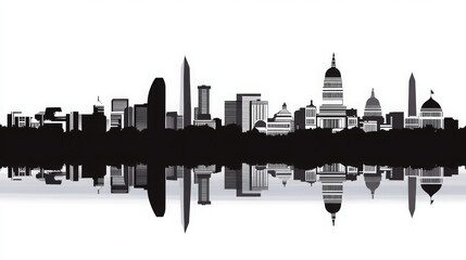 Fototapeta premium Washington DC skyline silhouette with reflection in the water. Urban landscape of the capital city with iconic monuments and buildings, vector illustration of Washington DC's famous landmarks 
