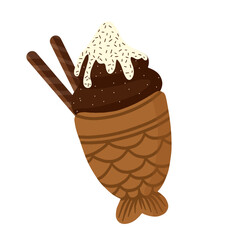 Chocolate taiyaki ice cream in a fish-shaped cone, topped with white chocolate drizzle and chocolate sprinkles. A delicious Japanese dessert treat.

