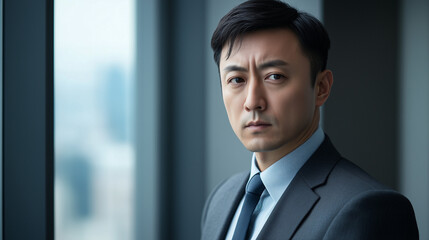 Focused professional in business attire embodies determination and expertise in a modern work environment.