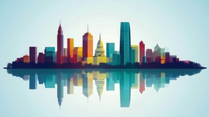 Obraz premium Washington DC skyline silhouette with reflection in the water. Urban landscape of the capital city with iconic monuments and buildings, vector illustration of Washington DC's famous landmarks 
