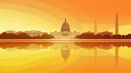 Obraz premium Washington DC skyline silhouette with reflection in the water. Urban landscape of the capital city with iconic monuments and buildings, vector illustration of Washington DC's famous landmarks 
