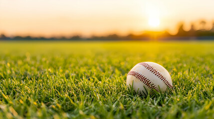 Baseball on Dewy Grass at Sunset