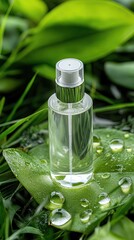 Natural essence bottle on leaf with droplets.