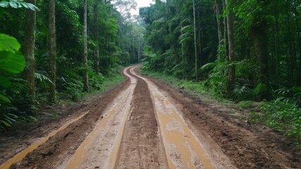Fototapeta premium dirt road leading through the forest, with green trees on both sides