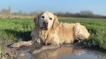 Obraz premium dog lying in the mud, with green grass and clear sky as the background