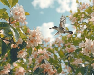 Obraz premium Hummingbird in flight, peach blossoms, spring, garden, nature, background sky, website banner