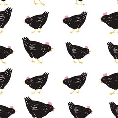 Seamless pattern with funny chickens, cocks for wrapping paper, textile, fabric. Perfect for kitchen prints