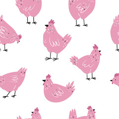 Seamless pattern with funny chickens, cocks for wrapping paper, textile, fabric. Perfect for kitchen prints.