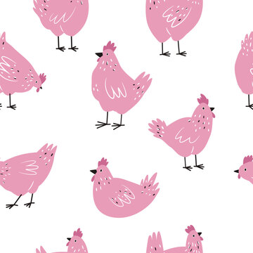 Seamless pattern with funny chickens, cocks for wrapping paper, textile, fabric. Perfect for kitchen prints.